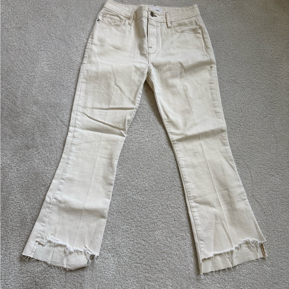 Cream Flared Jeans with Raw Hem